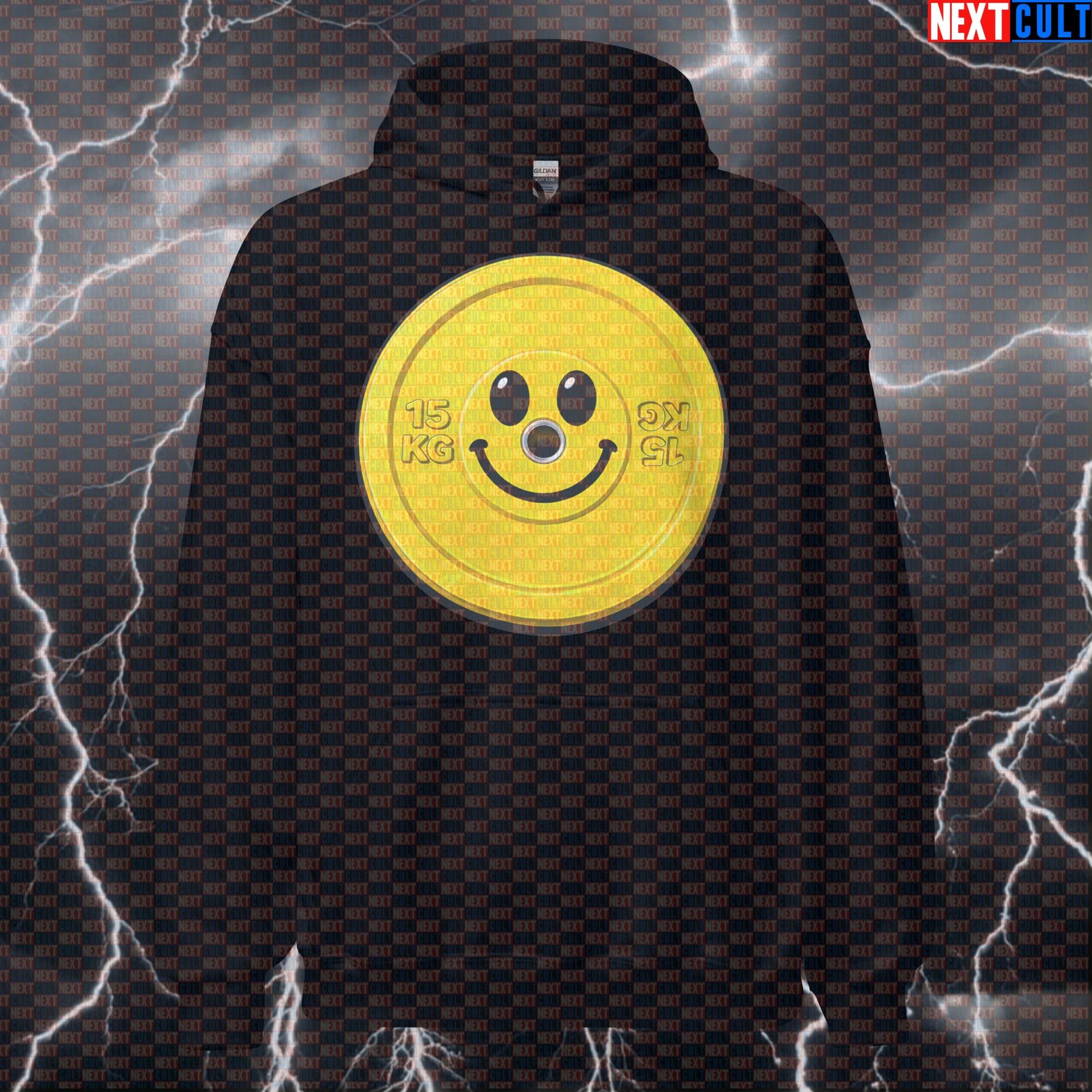 Happy Weights Emoji Weight Plate Funny Gym Hoodie Smiley Face Weight Gym Makes Me Happy Hoodies Next Cult Brand