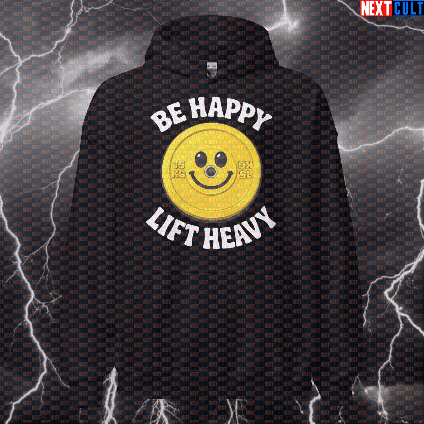 Be Happy Lift Heavy Funny Gym Hoodie Happy Weights Emoji Weight Plate for Lifters Hoodies Next Cult Brand