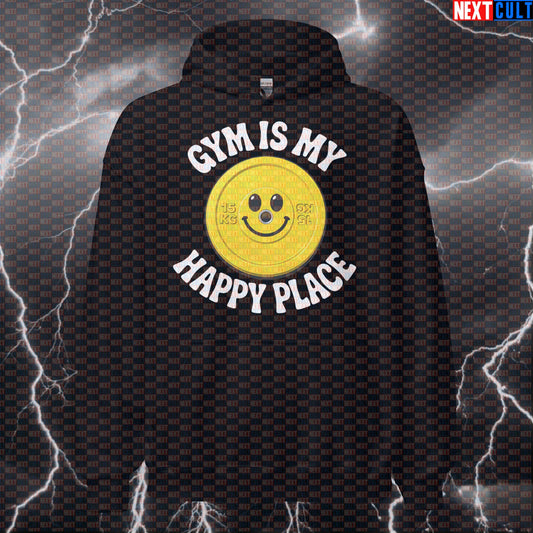 Gym Is My Happy Place Funny Gym Hoodie Happy Weights Emoji Weight Plate for Lifters Hoodies Next Cult Brand