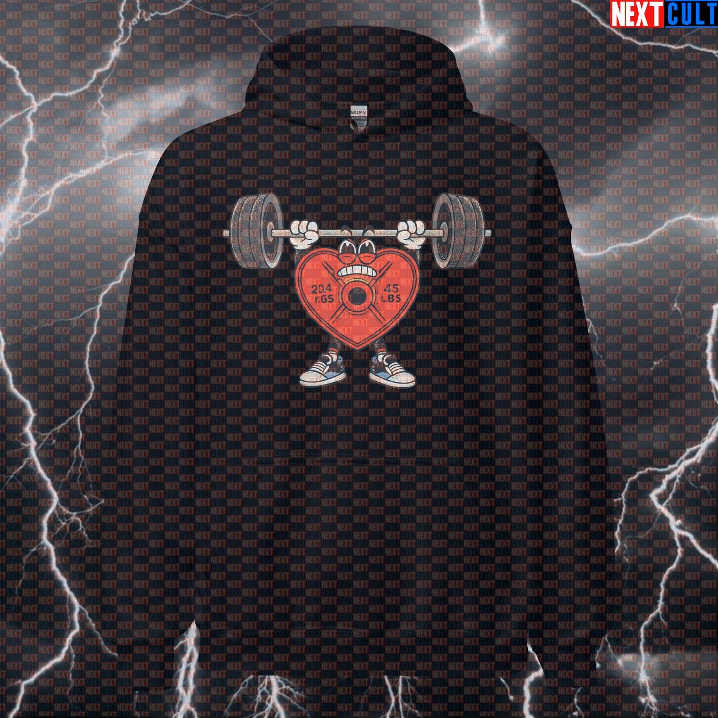 Lift With Your Heart Funny Valentine’s Day Gym Hoodie with Heart-Shaped Weight Plate for Lifters Hoodies Bodybuilding Fitness Gym Powerlifting Pump Cover Valentine's Day Workout Next Cult Brand