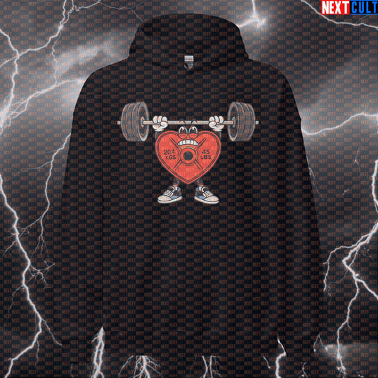 Lift With Your Heart Funny Valentine’s Day Gym Hoodie with Heart-Shaped Weight Plate for Lifters Hoodies Bodybuilding Fitness Gym Powerlifting Pump Cover Valentine's Day Workout Next Cult Brand