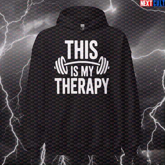 This Is My Therapy Funny Gym Hoodie Hooded Sweatshirt Pullover Pump Cover for Lifters Workout Humor Bodybuilding Fitness Gym Powerlifting Pump Cover Workout Next Cult Brand