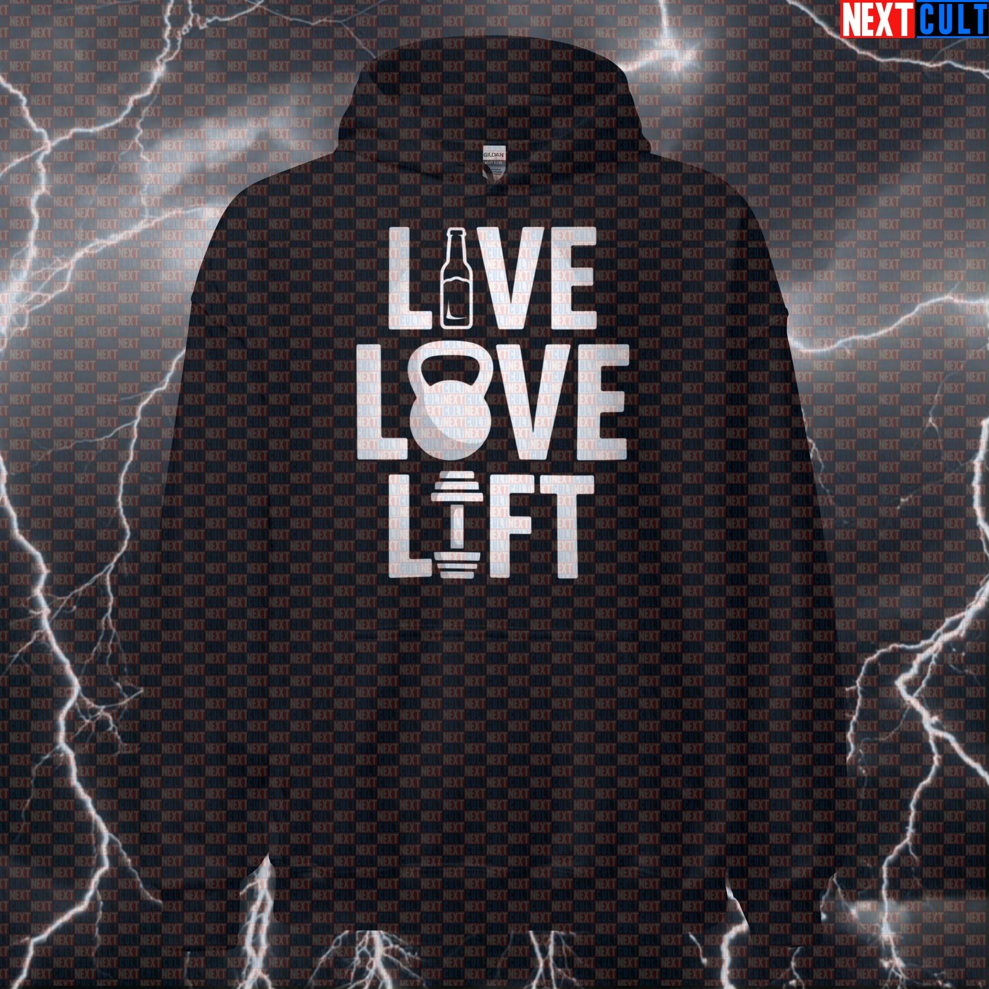 Live Love Lift Funny Gym Hoodie Hooded Sweatshirt Pullover Pump Cover for Lifters Workout Gymbro Apparel Beer Bodybuilding Fitness Gym Kettlebell Pump Cover Workout Next Cult Brand