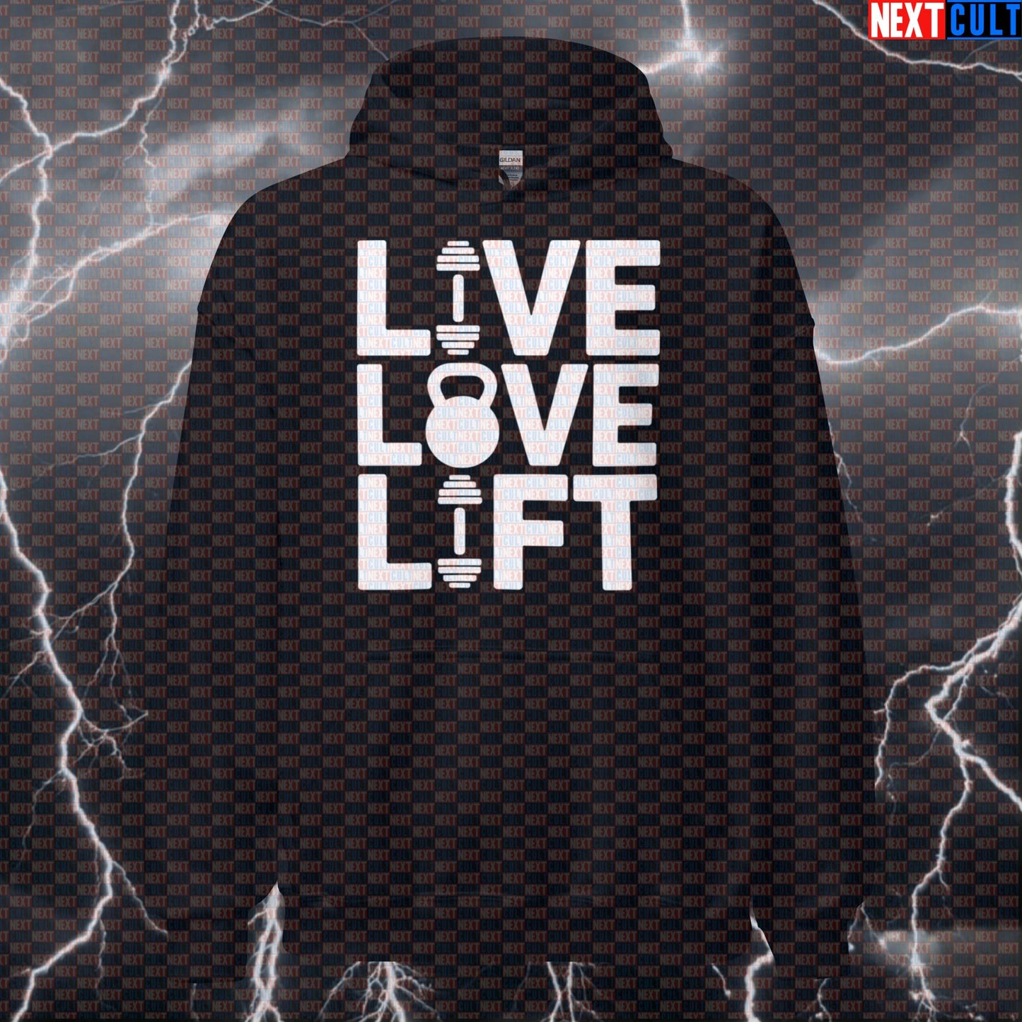 Live Love Lift Funny Gym Hoodie Hooded Sweatshirt Pullover Pump Cover for Lifters Gymbro Workout Fans Bodybuilding Fitness Gym Kettlebell Pump Cover Workout Next Cult Brand
