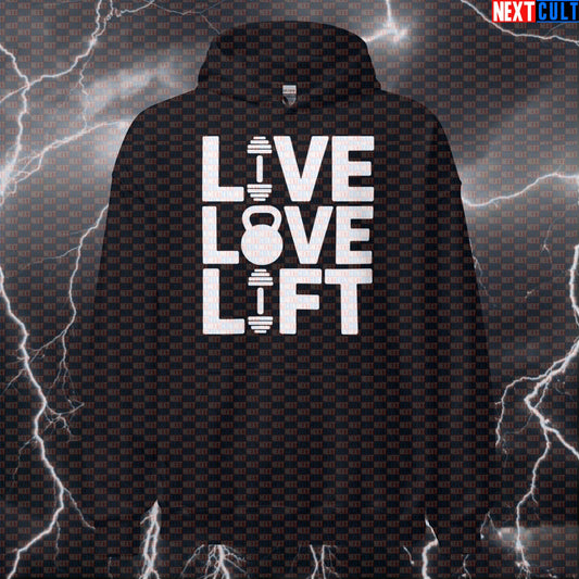Live Love Lift Funny Gym Hoodie Hooded Sweatshirt Pullover Pump Cover for Lifters Gymbro Workout Fans Bodybuilding Fitness Gym Kettlebell Pump Cover Workout Next Cult Brand