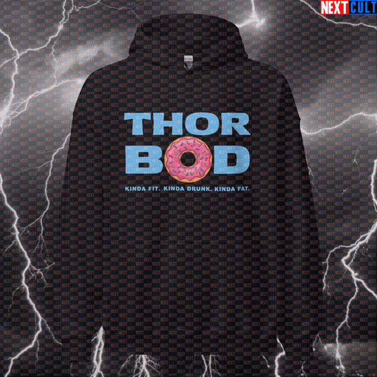 Thor Bod Funny Gym Hoodie Hooded Sweatshirt Pullover Pump Cover for Lifters Gymbros Kinda Fit Kinda Drunk Donut Meme Avengers Bodybuilding Donuts Fast Food Films Fitness Gym Pump Cover Superheroes Thor Workout Next Cult Brand