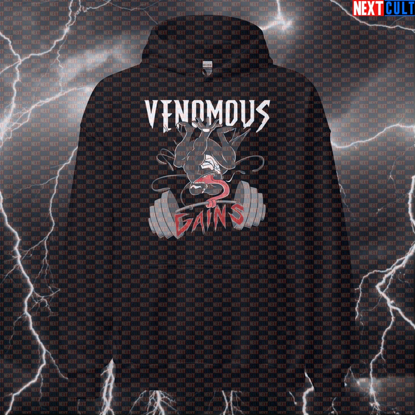 Venomous Gains Funny Gym Hoodie Hooded Sweatshirt Pullover Pump Cover for Lifters Bodybuilding Comic Gymbro Workout Hoodie Bodybuilding Films Fitness Gym Powerlifting Pump Cover Superheroes Venom Workout Next Cult Brand