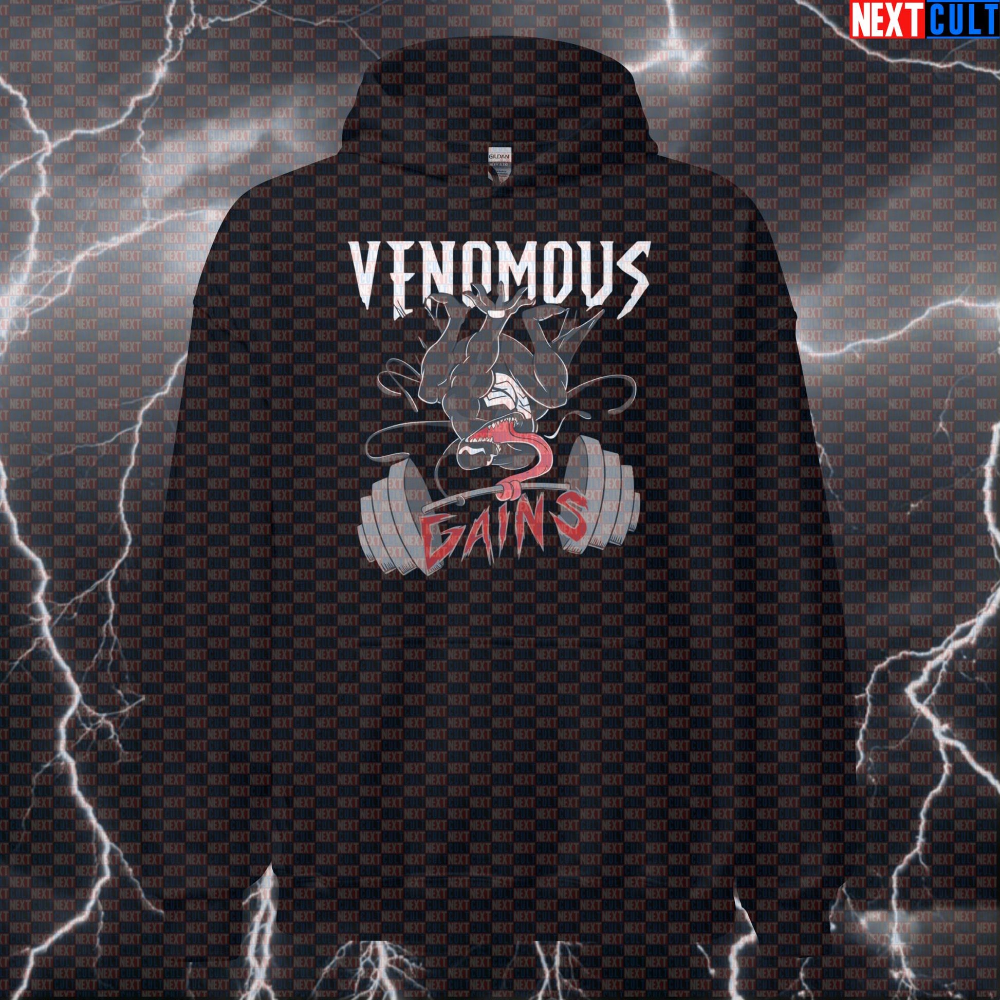 Venomous Gains Funny Gym Hoodie Hooded Sweatshirt Pullover Pump Cover for Lifters Bodybuilding Comic Gymbro Workout Hoodie Bodybuilding Films Fitness Gym Powerlifting Pump Cover Superheroes Venom Workout Next Cult Brand