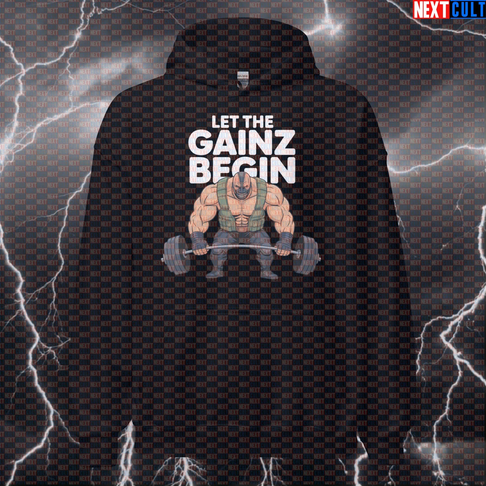 Let the Gainz Begin Funny Gym Hoodie Bane Inspired Workout Hoodie Pump Cover for Lifters and Gym Bros Bane Bodybuilding Films Fitness Gym Leg Day Powerlifting Pump Cover Superheroes Workout Next Cult Brand