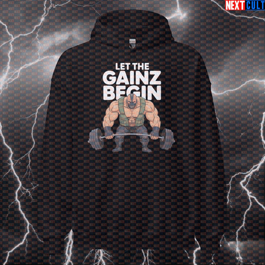 Let the Gainz Begin Funny Gym Hoodie Bane Inspired Workout Hoodie Pump Cover for Lifters and Gym Bros Bane Bodybuilding Films Fitness Gym Leg Day Powerlifting Pump Cover Superheroes Workout Next Cult Brand