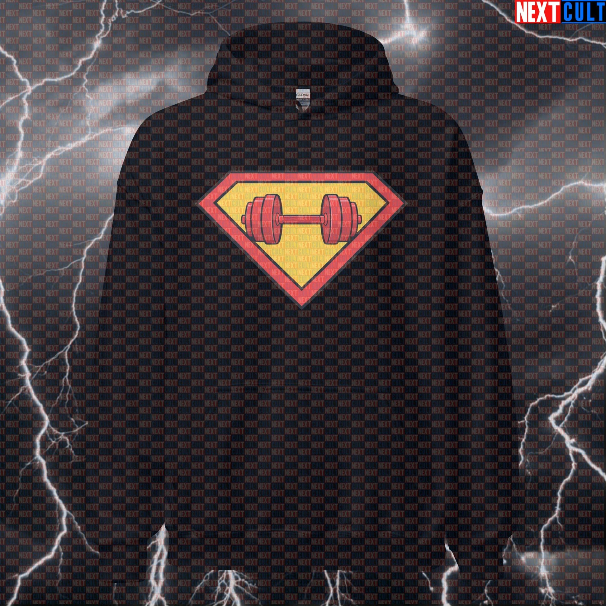 Superman Dumbbells Logo Funny Gym Hoodie – Superhero Workout Hoodie for Bodybuilding Powerlifting Fitness Meme Lifters Hoodies Next Cult Brand