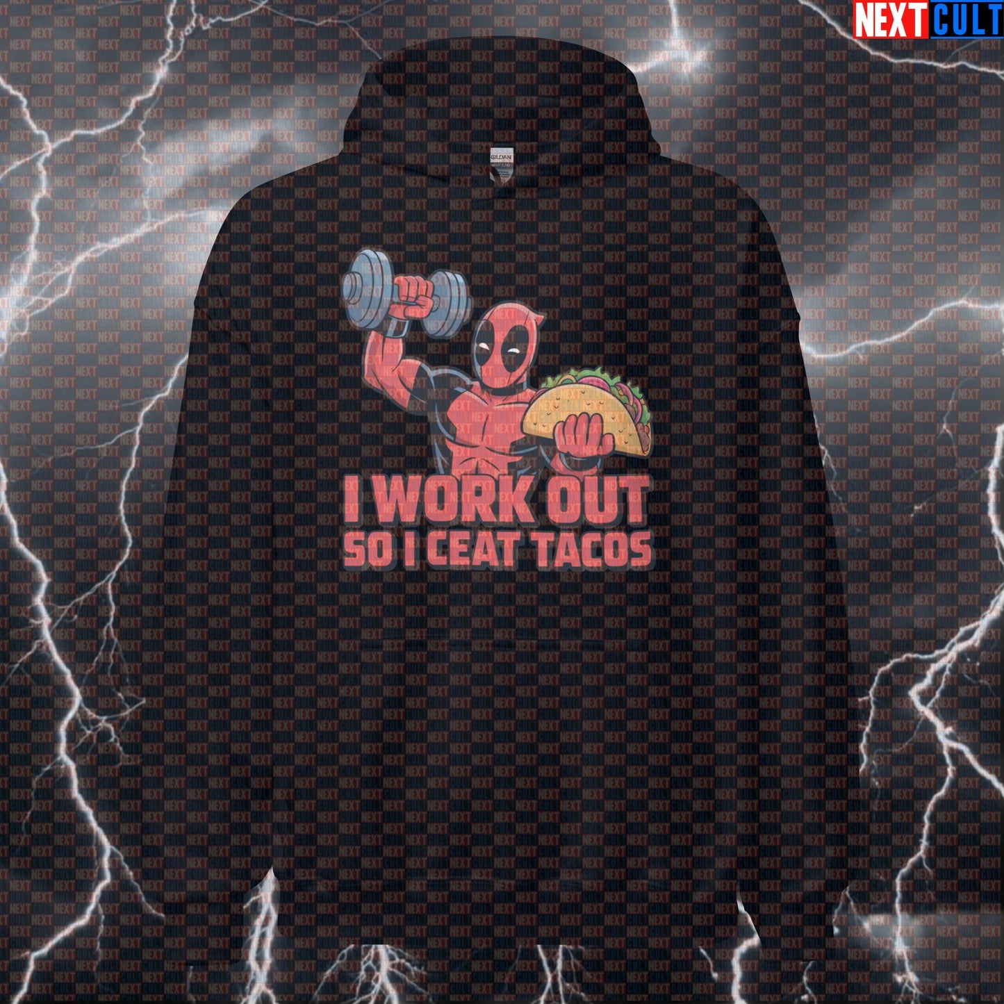 I Work Out So I Can Eat Tacos Funny Gym Hoodie Hooded Sweatshirt Pullover Pump Cover for Lifters Deadpool Fans Bodybuilding Deadpool Fast Food Films Fitness Gym Pump Cover Superheroes Workout Next Cult Brand