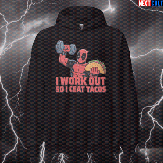 I Work Out So I Can Eat Tacos Funny Gym Hoodie Hooded Sweatshirt Pullover Pump Cover for Lifters Deadpool Fans Bodybuilding Deadpool Fast Food Films Fitness Gym Pump Cover Superheroes Workout Next Cult Brand