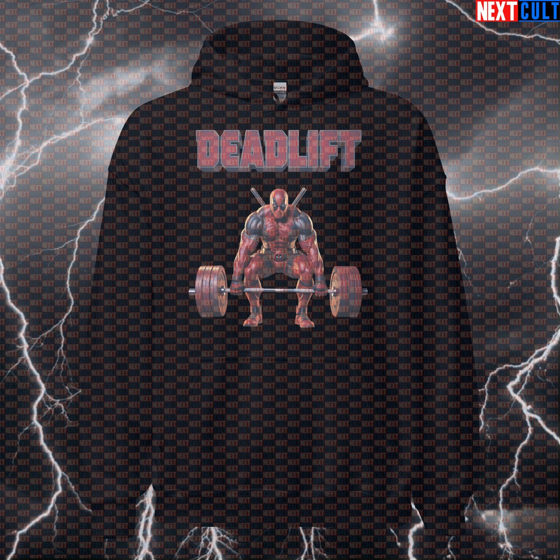 Deadpool Deadlift Funny Gym Hoodie Hooded Sweatshirt Pullover Pump Cover for Lifters Superhero Fans Bodybuilding Deadpool Films Fitness Gym Leg Day Powerlifting Pump Cover Superheroes Workout Next Cult Brand