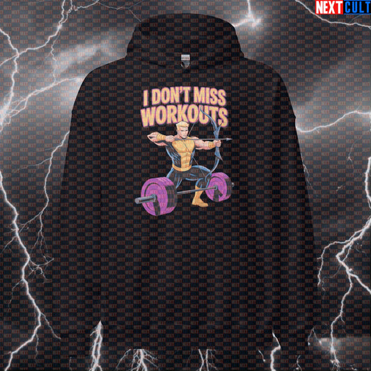 I Don’t Miss Workouts Funny Gym Hoodie Hooded Sweatshirt Pullover Pump Cover for Lifters Hawkeye Fans Avengers Bodybuilding Films Fitness Gym Hawkeye Powerlifting Pump Cover Superheroes Workout Next Cult Brand