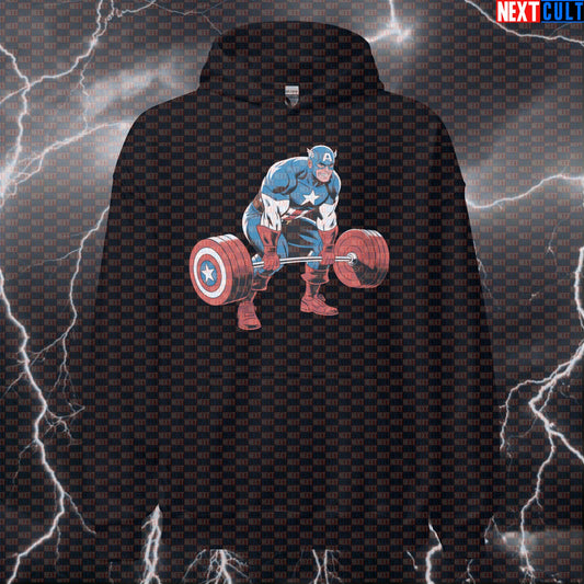 Captain Deadlift Funny Gym Hoodie Hooded Sweatshirt Pullover Pump Cover for Lifters Leg Day Workout Top Avengers Bodybuilding Captain America Films Fitness Gym Leg Day Powerlifting Pump Cover Superheroes Workout Next Cult Brand