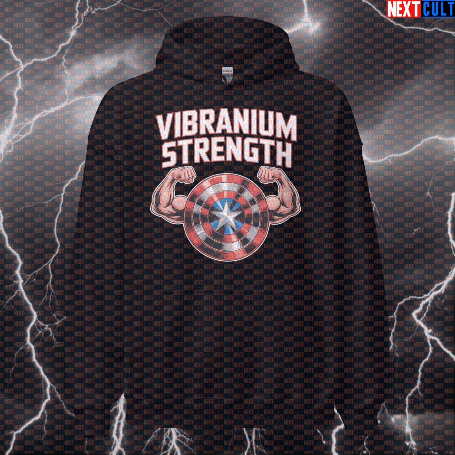 Vibranium Strength Funny Gym Hoodie Hooded Sweatshirt Pullover Pump Cover for Lifters Captain America Fans Hoodies Next Cult Brand
