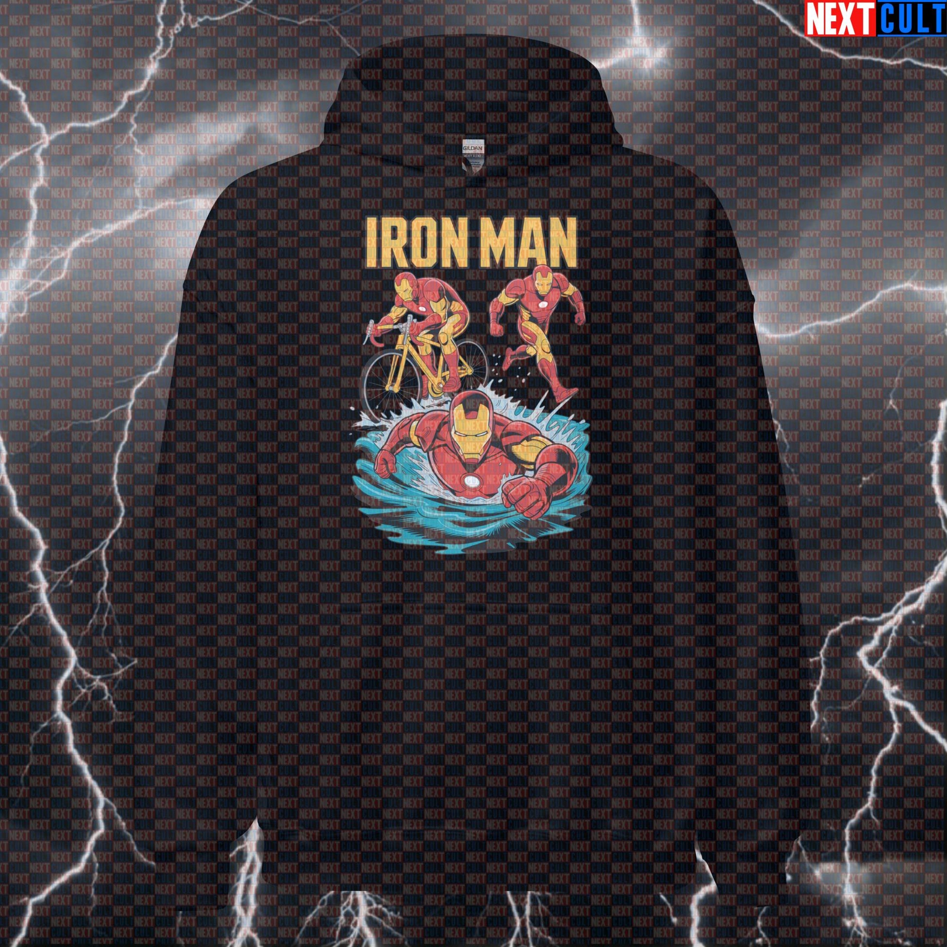 Iron Man Triathlon Funny Gym Hoodie Hooded Sweatshirt Pullover Pump Cover for Swim Bike Run Athletes Avengers Cardio Films Fitness Gym Iron Man Pump Cover Superheroes Workout Next Cult Brand