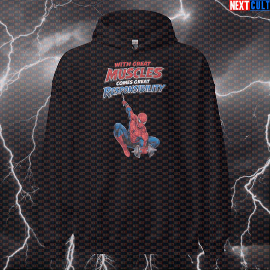 With Great Muscles Comes Great Responsibility Spider-Man Funny Gym Hoodie Workout Hoodie Bodybuilding Powerlifting Fitness Meme Hoodies Next Cult Brand