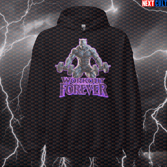 Workout Forever Black Panther Funny Gym Hoodie Workout Hoodie Bodybuilding Powerlifting Fitness Meme Hoodies Avengers Black Panther Bodybuilding Films Fitness Gym Pump Cover Superheroes Workout Next Cult Brand
