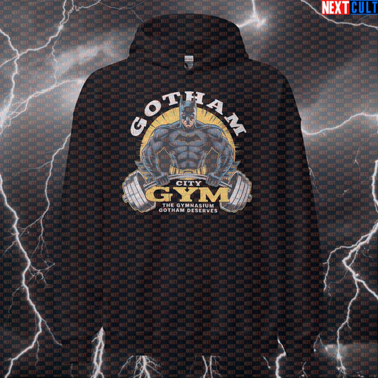 Gotham City Gym Batman Funny Gym Hoodie Pump Cover Hooded Sweatshirt Workout Hoodie for Comic Fitness Fans Hoodies Next Cult Brand
