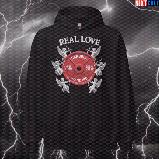 Real Love Valentine’s Day & Weights 45LB Plate Cupid Funny Gym Hoodie Romantic Workout Hoodie Hoodies Next Cult Brand