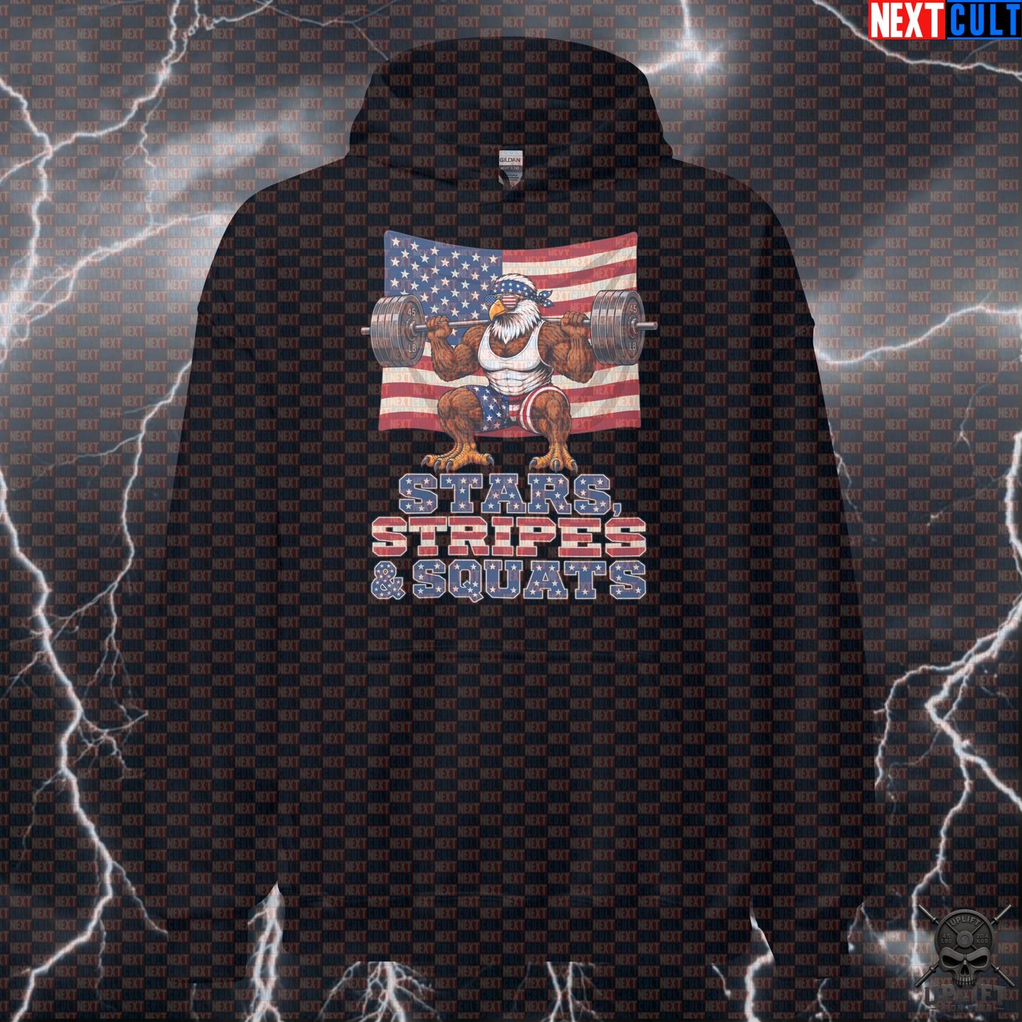 Patriotic Eagle Hoodie Stars Stripes and Squats Pullover for Leg Day Gym Fans Next Cult Brand
