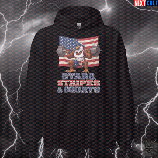 Patriotic Eagle Hoodie Stars Stripes and Squats Pullover for Leg Day Gym Fans Next Cult Brand
