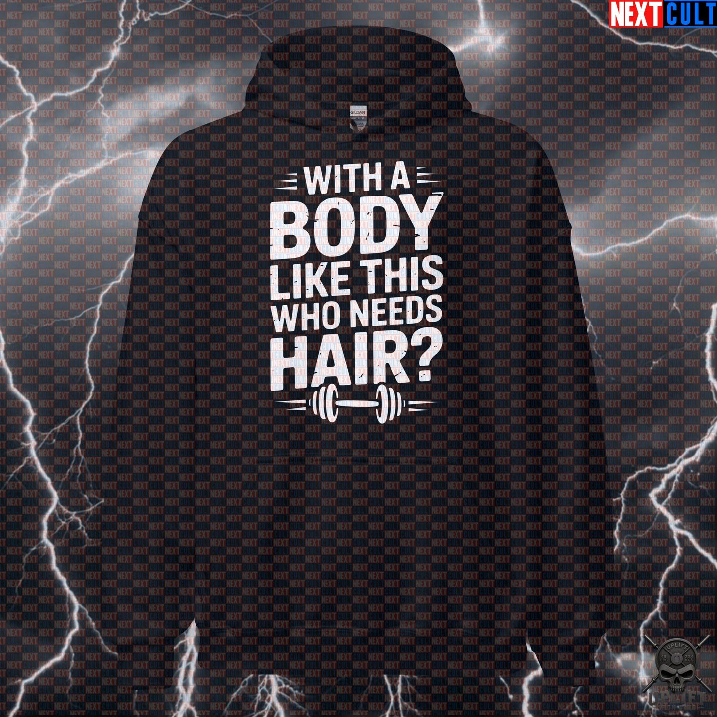 With A Body Like This Who Needs Hair Funny Gym Hoodie - Bald Gains Meme Hooded Sweatshirt Hoodies Next Cult Brand