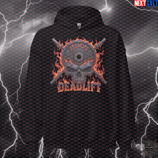 Deadlift Hoodie Flaming Skull Graphic for Lifters, Hardcore Workout Pullover Gift Hoodies Next Cult Brand