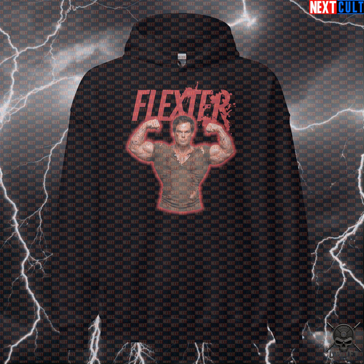 Flexter Hoodie Serial Lifter Gym Parody for Bodybuilders, Horror Fans and Lifters | Hoodies | ["Bodybuilding", "Dexter", "Fitness", "Gym", "Halloween", "NCB", "Pump Cover", "TV", "Workout"]