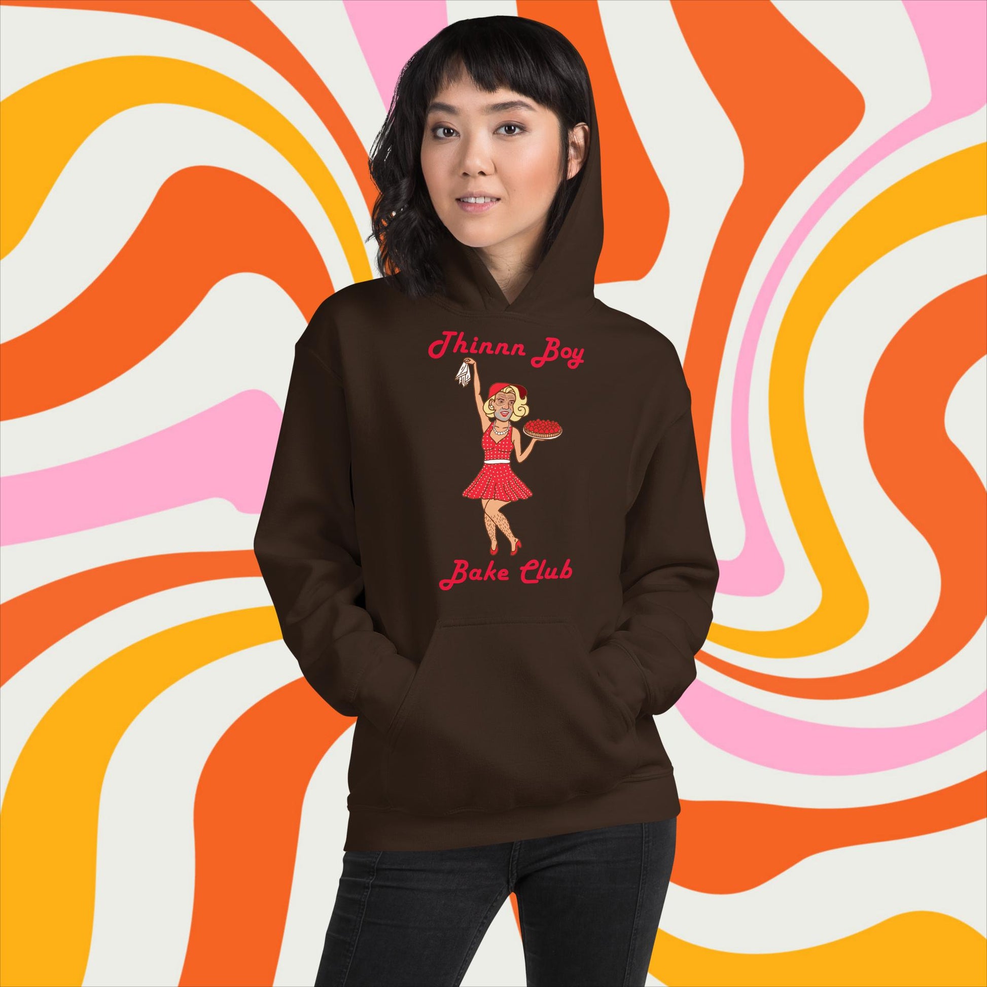 Thinnn Boy Bake Club The Fighter and The Kid TFATK Podcast Comedy 60s retro housewife Bryan Callen Unisex Hoodie Dark Chocolate Hoodies Bryan Callen Podcasts Stand-up Comedy The Fighter and The Kid (TFATK) Thinnn Boy Bake Club Next Cult Brand