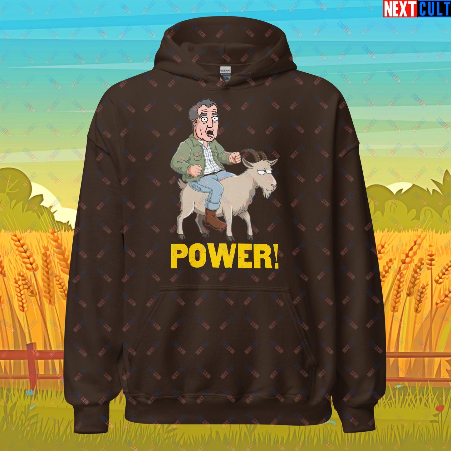 Speed and Power Goat Jeremy Clarkson's Farm Diddly Squat Grand Tour Top Gear Funny Meme Cartoon Unisex Hoodie Dark Chocolate Hoodies Clarkson's Farm Grand Tour Jeremy Clarkson Top Gear TV Shows Next Cult Brand