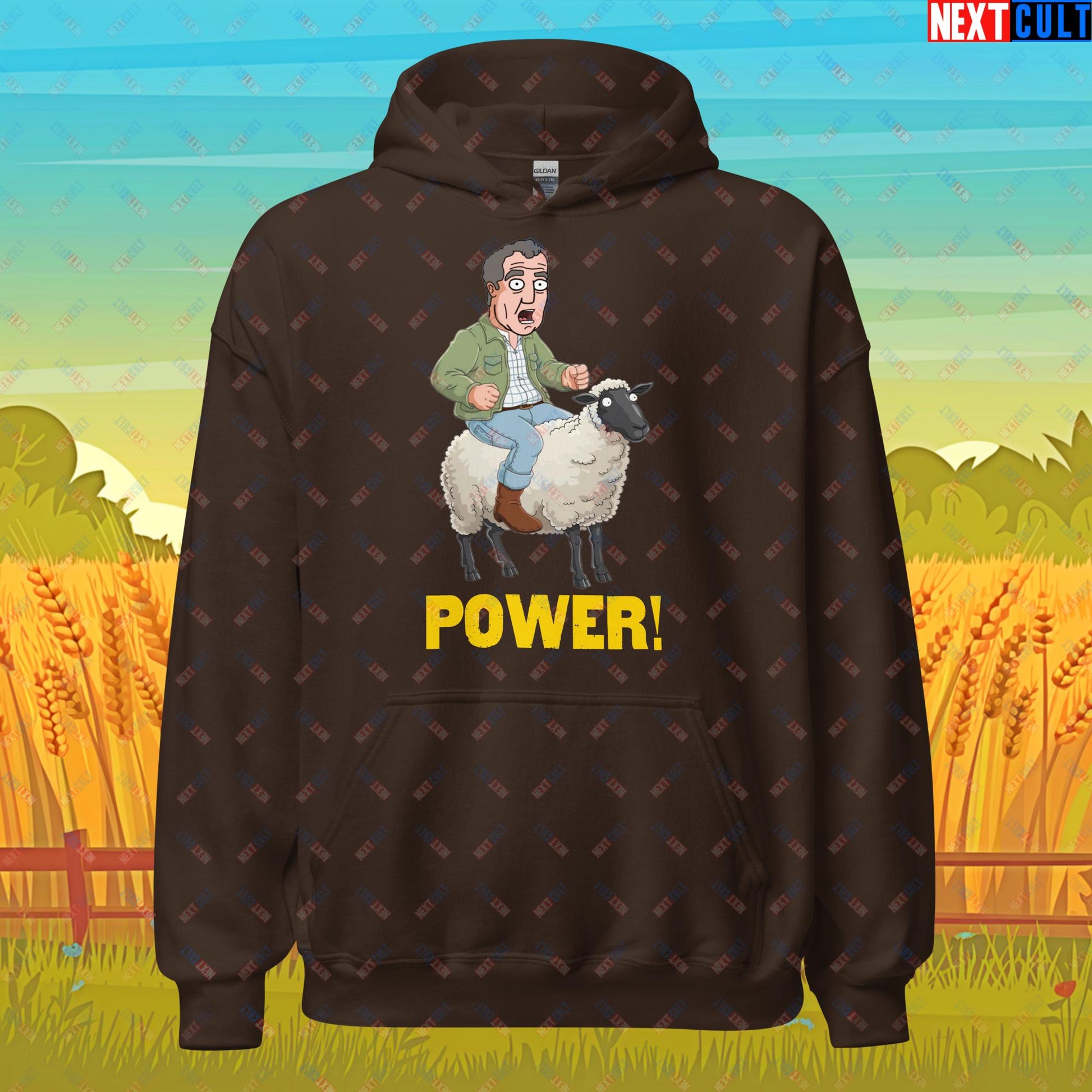 Power Sheep Jeremy Clarkson's Farm Diddly Squat Grand Tour Top Gear Funny Meme Cartoon Unisex Hoodie Dark Chocolate Hoodies Clarkson's Farm Grand Tour Jeremy Clarkson Top Gear TV Shows Next Cult Brand