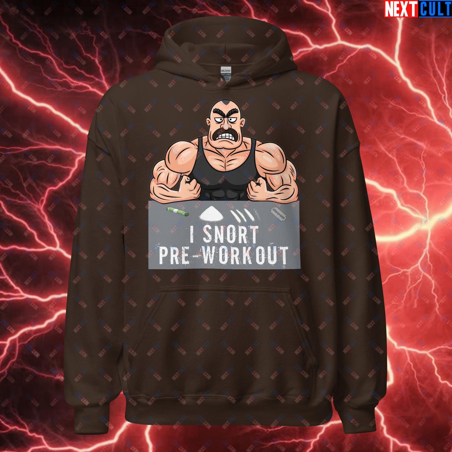 I Snort Pre-workout Gym Bro Fitness Bodybuilding Workout Weightlifting Powerlifting Funny Meme Cartoon Unisex Hoodie Dark Chocolate Hoodies Fitness Gym Workout Next Cult Brand