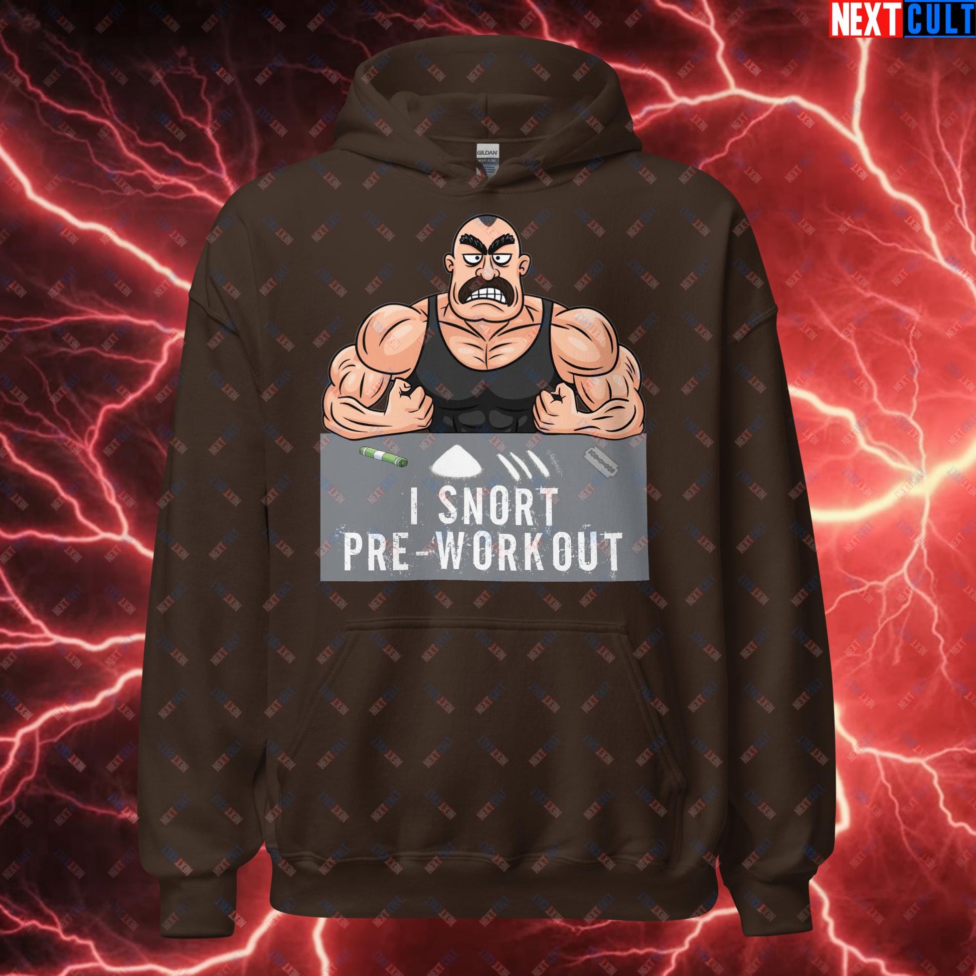 I Snort Pre-workout Gym Bro Fitness Bodybuilding Workout Weightlifting Powerlifting Funny Meme Cartoon Unisex Hoodie Dark Chocolate Hoodies Fitness Gym Workout Next Cult Brand