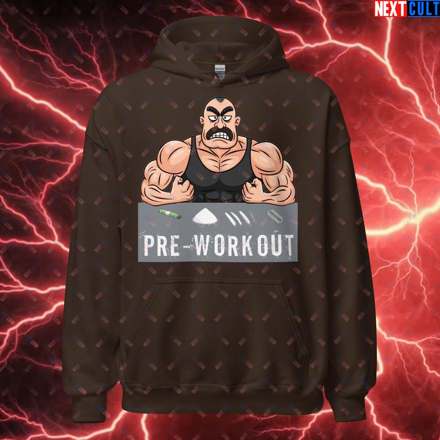 I Love Pre-workout Gym Bro Fitness Bodybuilding Workout Weightlifting Powerlifting Funny Meme Cartoon Unisex Hoodie Dark Chocolate Hoodies Fitness Gym Workout Next Cult Brand