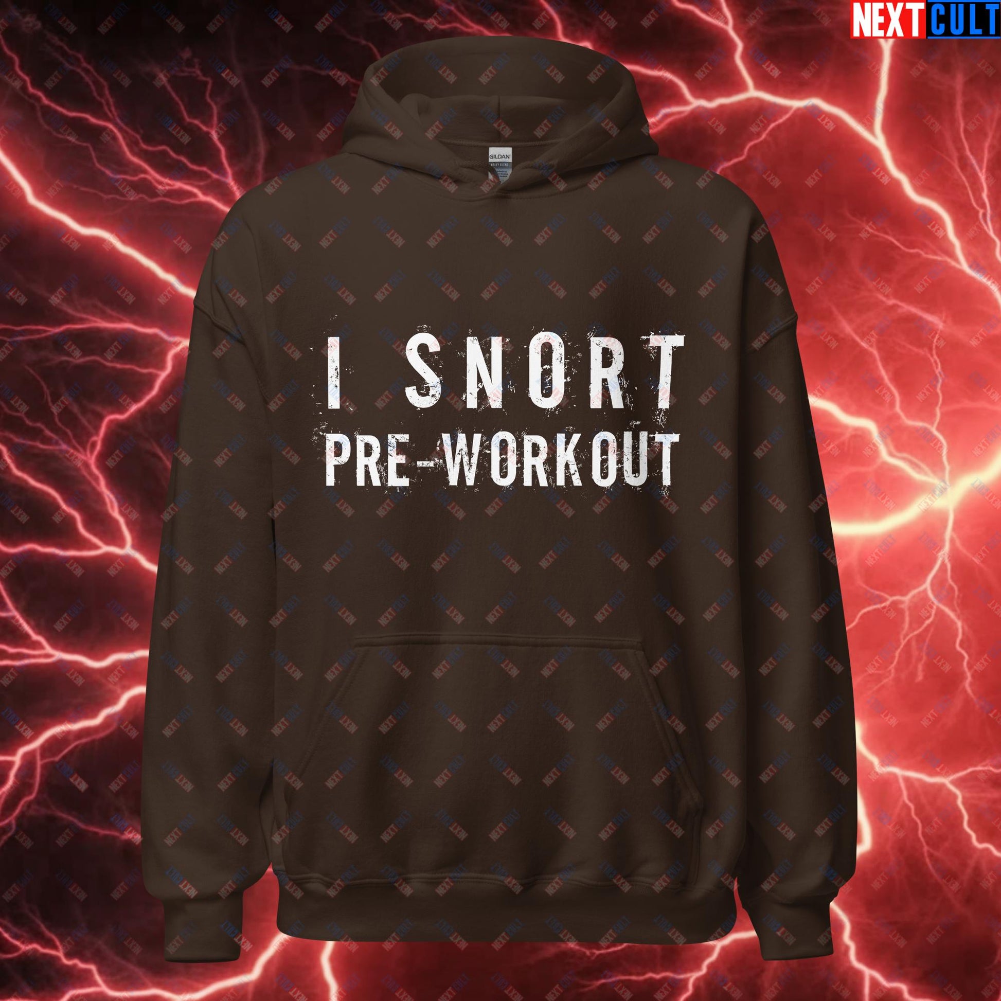 I Snort Pre-workout Gym Bro Fitness Bodybuilding Workout Weightlifting Powerlifting Funny Meme Unisex Hoodie Dark Chocolate Hoodies Fitness Gym Workout Next Cult Brand