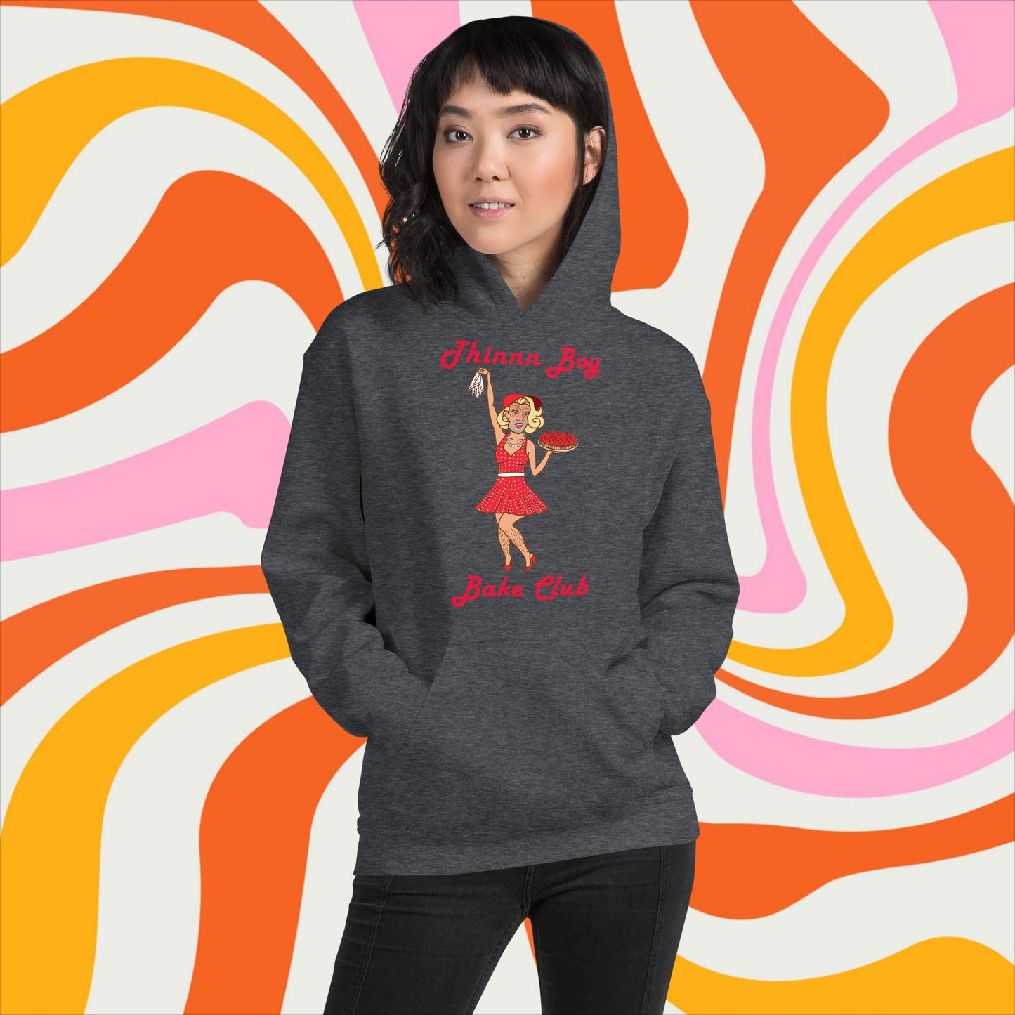 Thinnn Boy Bake Club The Fighter and The Kid TFATK Podcast Comedy 60s retro housewife Bryan Callen Unisex Hoodie Dark Heather Hoodies Bryan Callen Podcasts Stand-up Comedy The Fighter and The Kid (TFATK) Thinnn Boy Bake Club Next Cult Brand