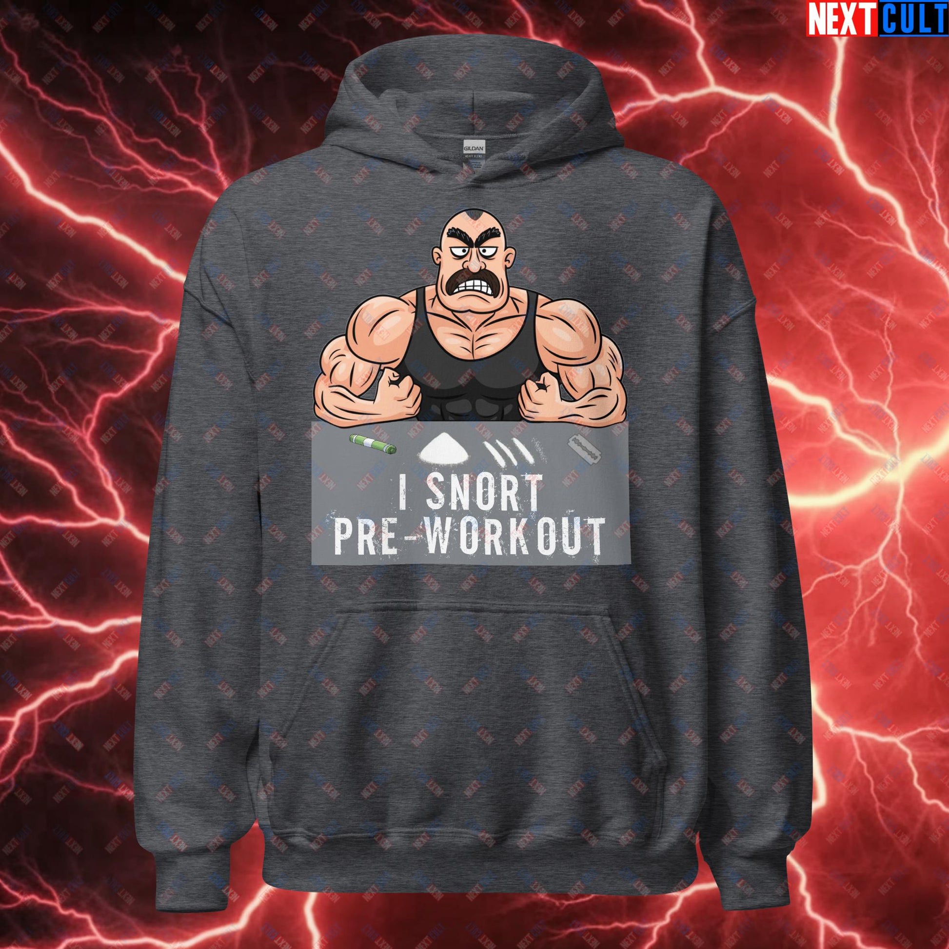 I Snort Pre-workout Gym Bro Fitness Bodybuilding Workout Weightlifting Powerlifting Funny Meme Cartoon Unisex Hoodie Dark Heather Hoodies Fitness Gym Workout Next Cult Brand