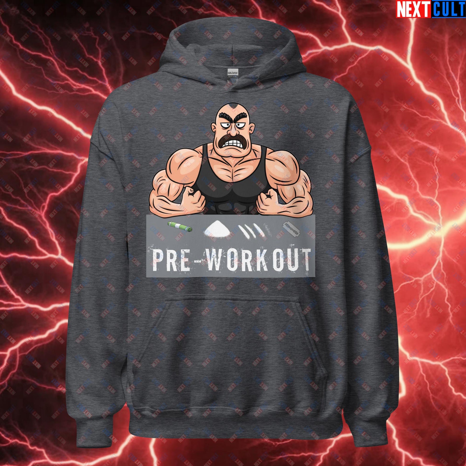 I Love Pre-workout Gym Bro Fitness Bodybuilding Workout Weightlifting Powerlifting Funny Meme Cartoon Unisex Hoodie Dark Heather Hoodies Fitness Gym Workout Next Cult Brand