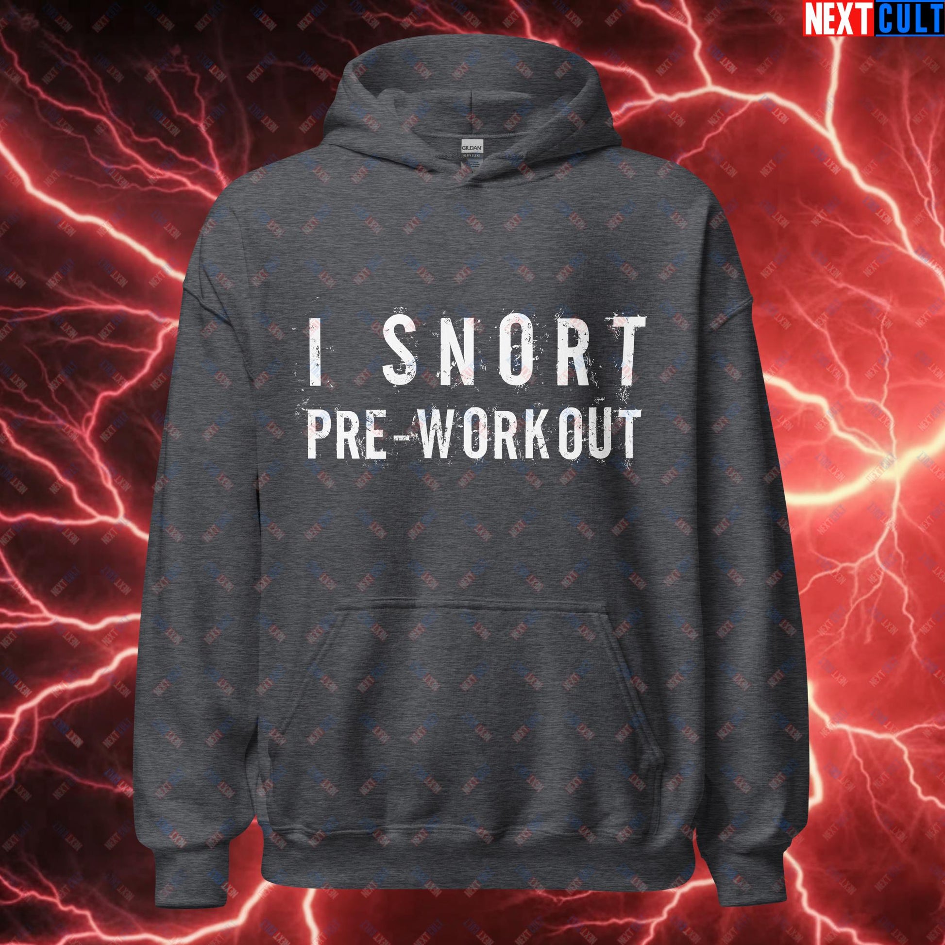 I Snort Pre-workout Gym Bro Fitness Bodybuilding Workout Weightlifting Powerlifting Funny Meme Unisex Hoodie Dark Heather Hoodies Fitness Gym Workout Next Cult Brand