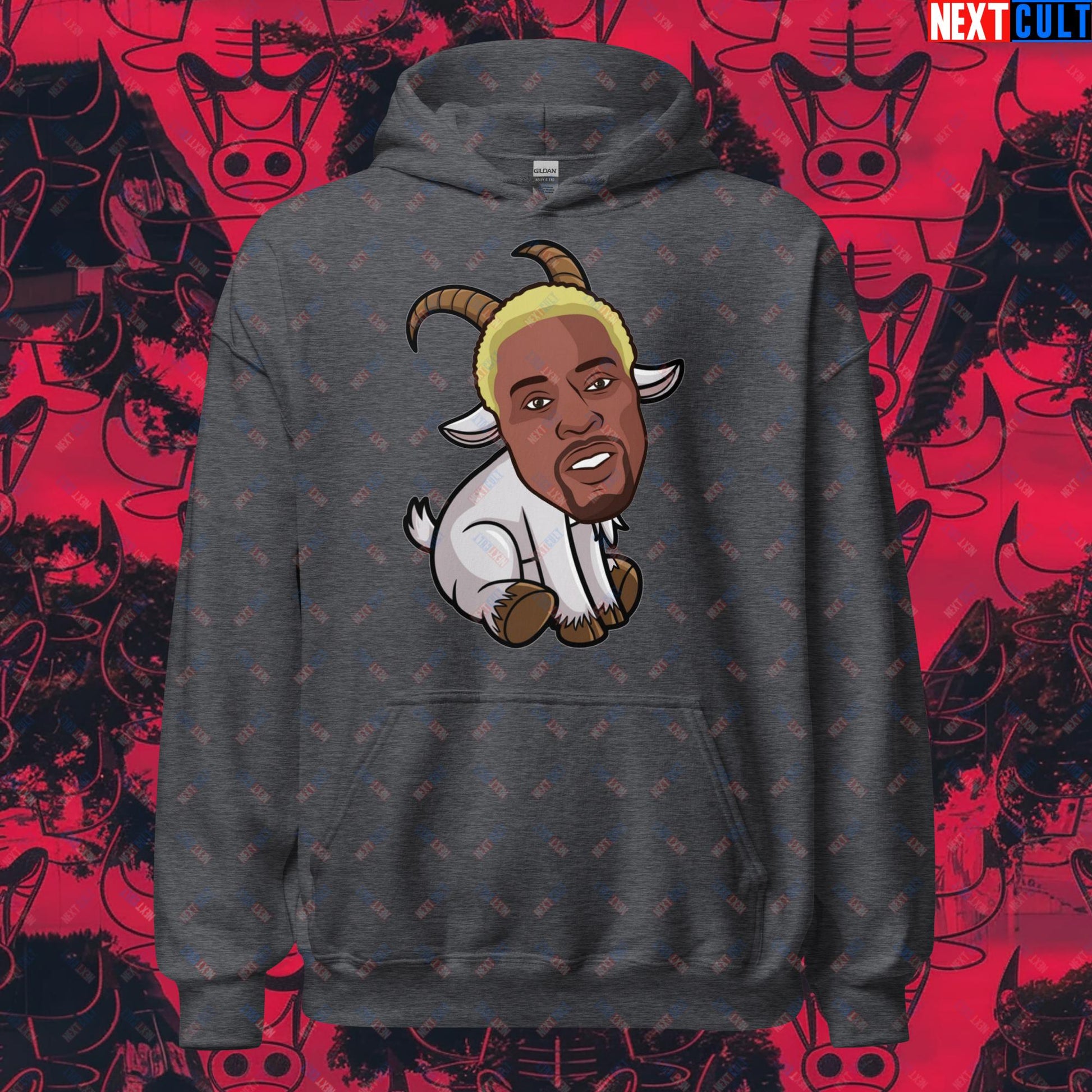 Dennis Rodman G.O.A.T. Hoodie - Chicago Bulls Basketball Meme Sweatshirt - Greatest of All Time Funny Pullover for Basketball Fans - Perfect Gift for Rodman Fans Unisex Hoodie Dark Heather Hoodies Next Cult Brand