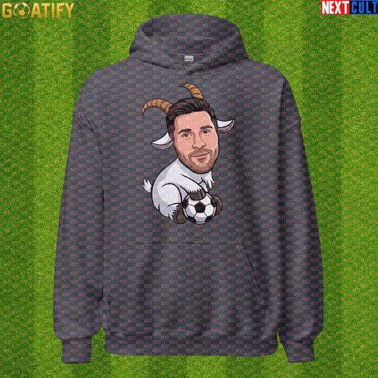 Lionel Messi Hoodie - Funny GOAT Soccer Pullover Gift for Argentina World Cup Football Fans Dark Heather Hoodies Next Cult Brand