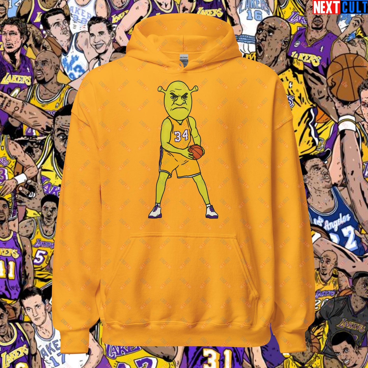 Shrequille O'Neal Hoodie - Shaquille O'Neal as Shrek Funny Basketball Meme Sweatshirt - Perfect Gift for Basketball Fans and Shrek Lovers Unisex Hoodie Gold Hoodies Basketball Los Angeles Lakers NBA Shaq Shrek Next Cult Brand