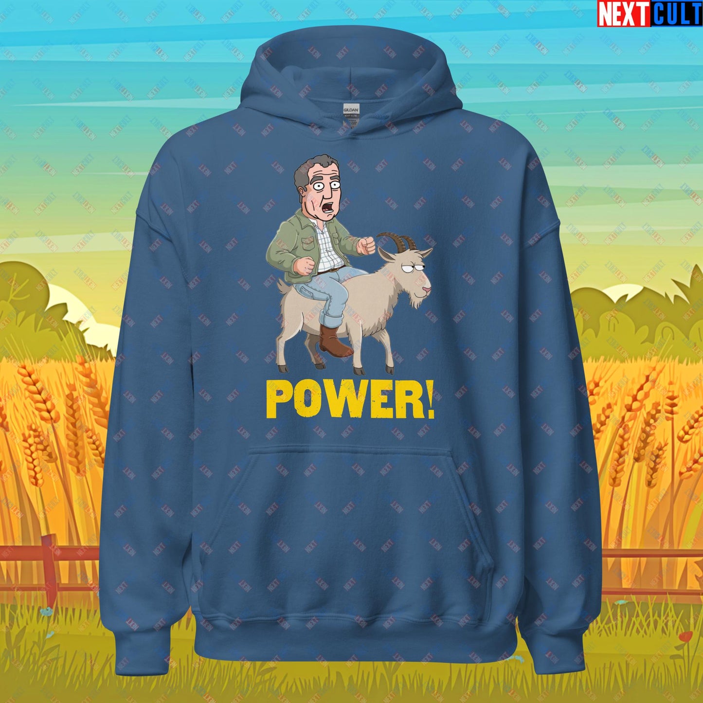 Speed and Power Goat Jeremy Clarkson's Farm Diddly Squat Grand Tour Top Gear Funny Meme Cartoon Unisex Hoodie Indigo Blue Hoodies Clarkson's Farm Grand Tour Jeremy Clarkson Top Gear TV Shows Next Cult Brand