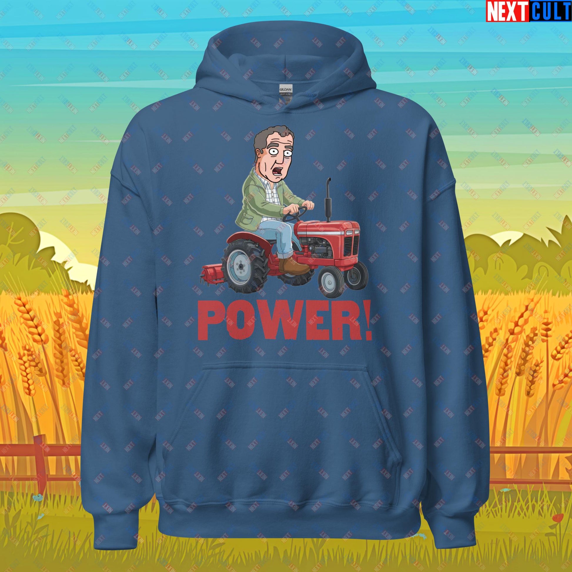 Speed and Power Tractor Jeremy Clarkson's Farm Diddly Squat Grand Tour Top Gear Funny Meme Cartoon Unisex Hoodie Indigo Blue Hoodies Clarkson's Farm Grand Tour Jeremy Clarkson Top Gear TV Shows Next Cult Brand