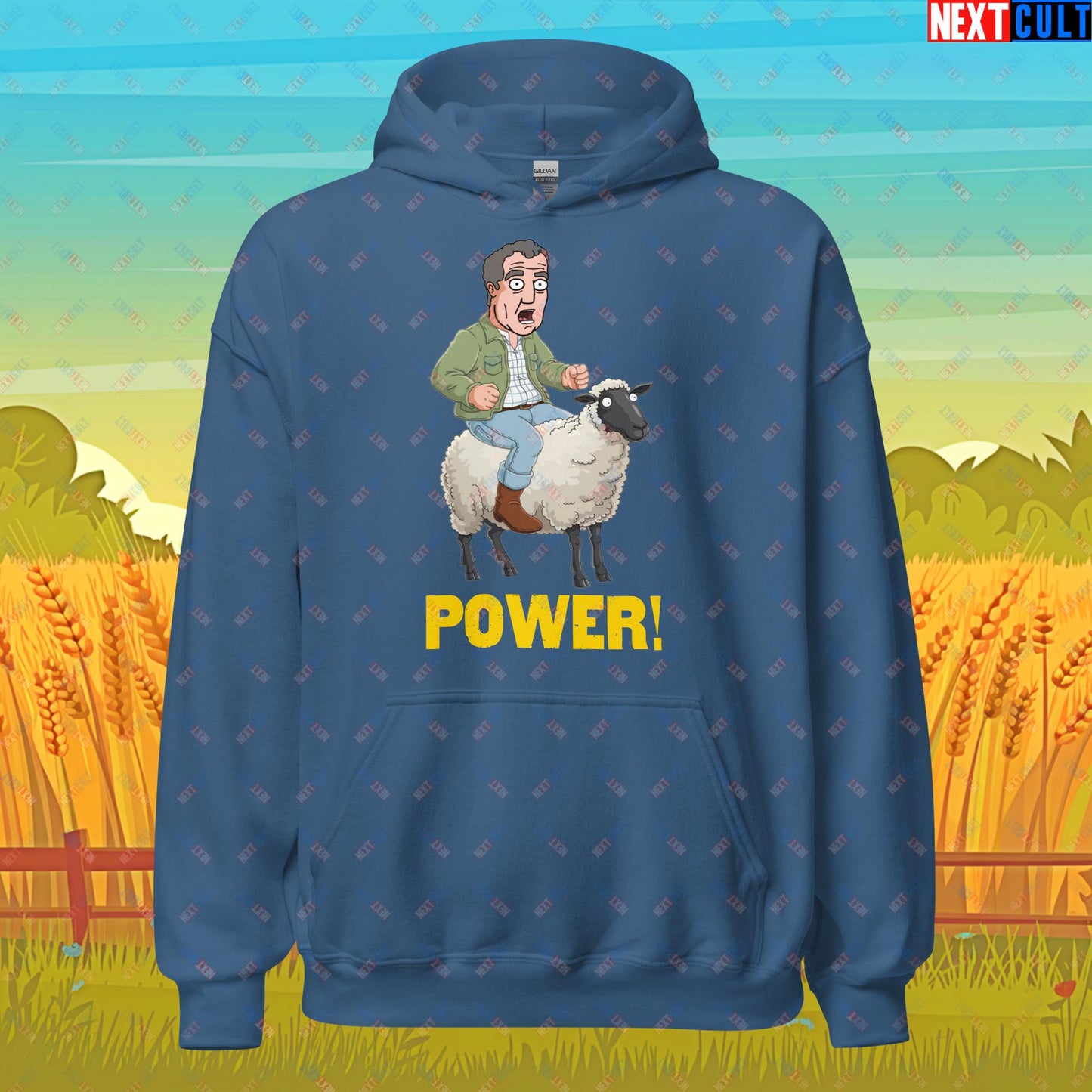 Power Sheep Jeremy Clarkson's Farm Diddly Squat Grand Tour Top Gear Funny Meme Cartoon Unisex Hoodie Indigo Blue Hoodies Clarkson's Farm Grand Tour Jeremy Clarkson Top Gear TV Shows Next Cult Brand