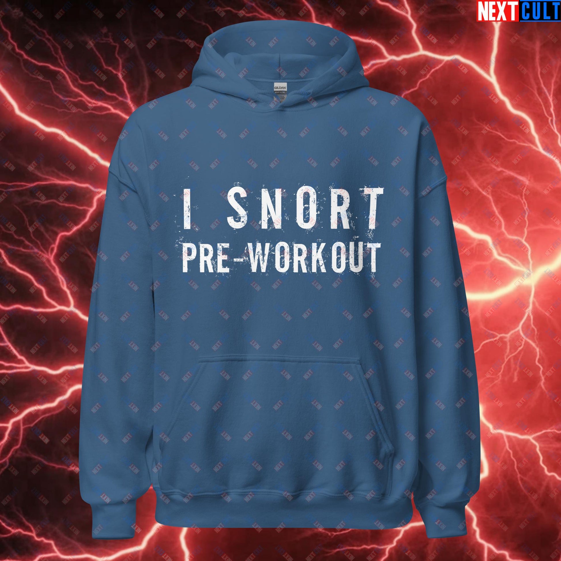 I Snort Pre-workout Gym Bro Fitness Bodybuilding Workout Weightlifting Powerlifting Funny Meme Unisex Hoodie Indigo Blue Hoodies Fitness Gym Workout Next Cult Brand