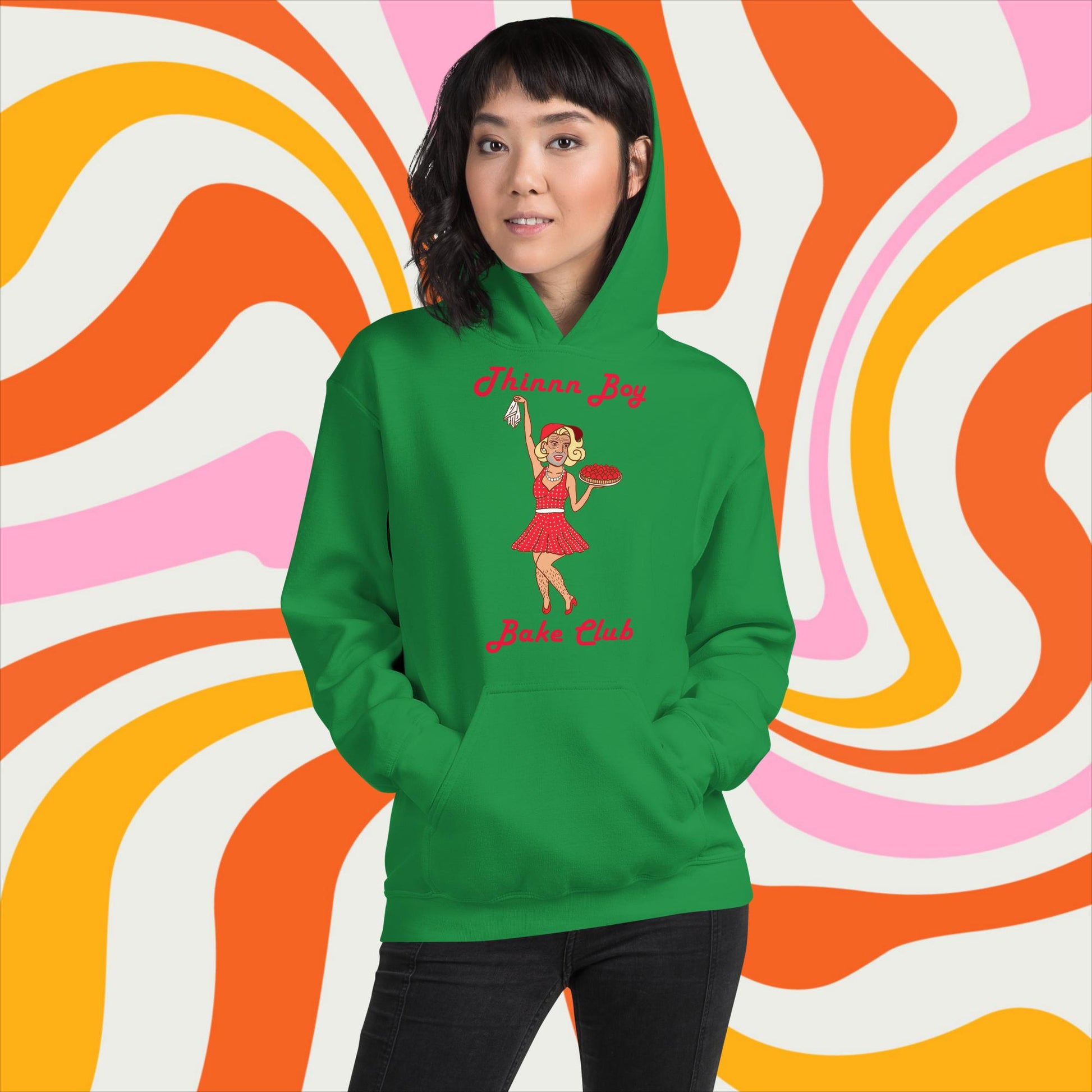 Thinnn Boy Bake Club The Fighter and The Kid TFATK Podcast Comedy 60s retro housewife Bryan Callen Unisex Hoodie Irish Green Hoodies Bryan Callen Podcasts Stand-up Comedy The Fighter and The Kid (TFATK) Thinnn Boy Bake Club Next Cult Brand